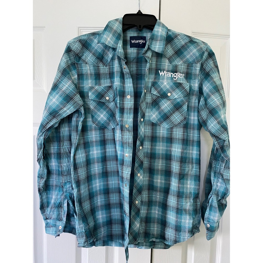 Wrangler Western Snap Shirt Kids XL Teal Plaid Cowboy Rodeo Logo Boho